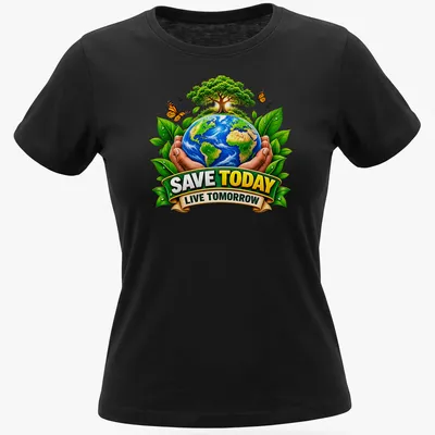 Colorful design of Earth held by hands with trees, featuring the text 'SAVE TODAY LIVE TOMORROW' — printed on a women's shirt
