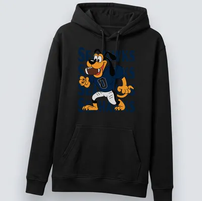 Cartoon dog in SEAHawks colors, with playful sports theme — printed on a unisex hoodie