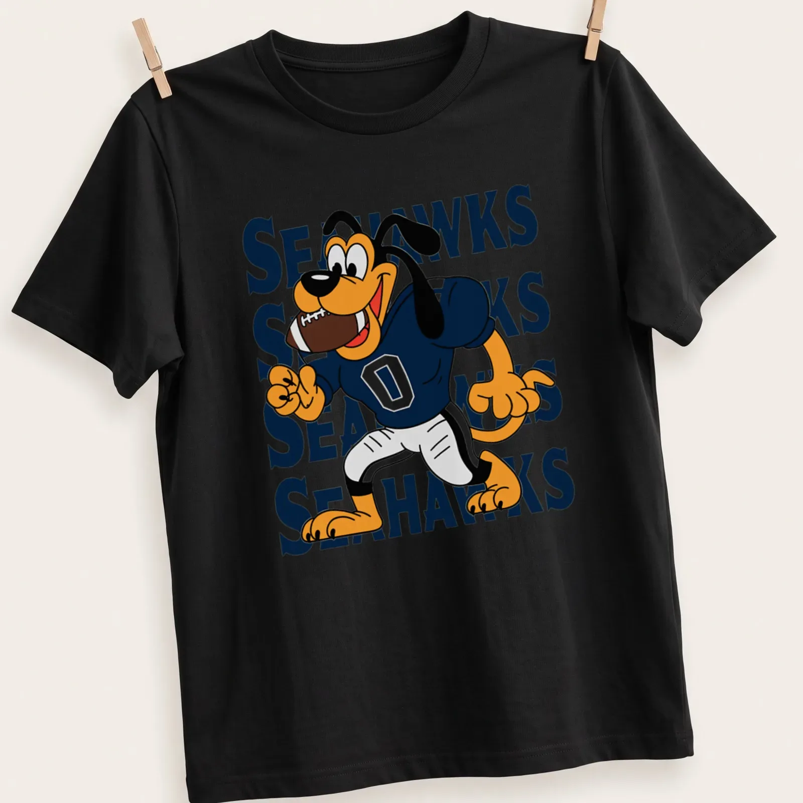 Cartoon dog in SEAHawks colors, with playful sports theme — printed on a unisex t-shirt