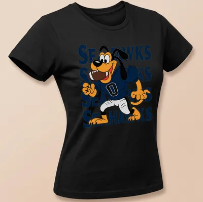 Cartoon dog in SEAHawks colors, with playful sports theme — printed on a women's shirt