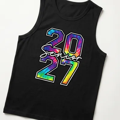 Colorful tie-dye t-shirt with 'Senior 2027' printed in bold letters — printed on a tank top