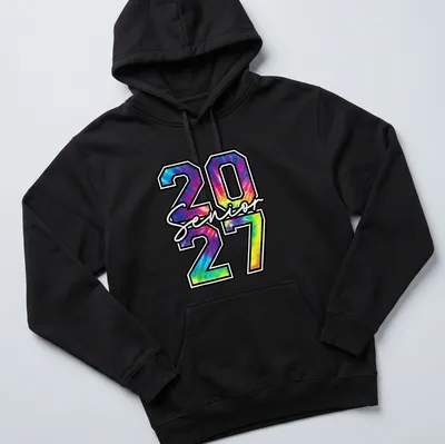 Colorful tie-dye t-shirt with 'Senior 2027' printed in bold letters — printed on a unisex hoodie