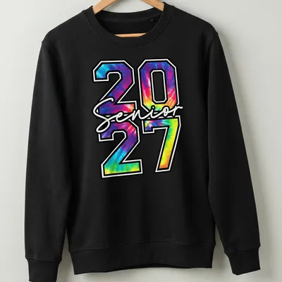 Colorful tie-dye t-shirt with 'Senior 2027' printed in bold letters — printed on a unisex sweatshirt