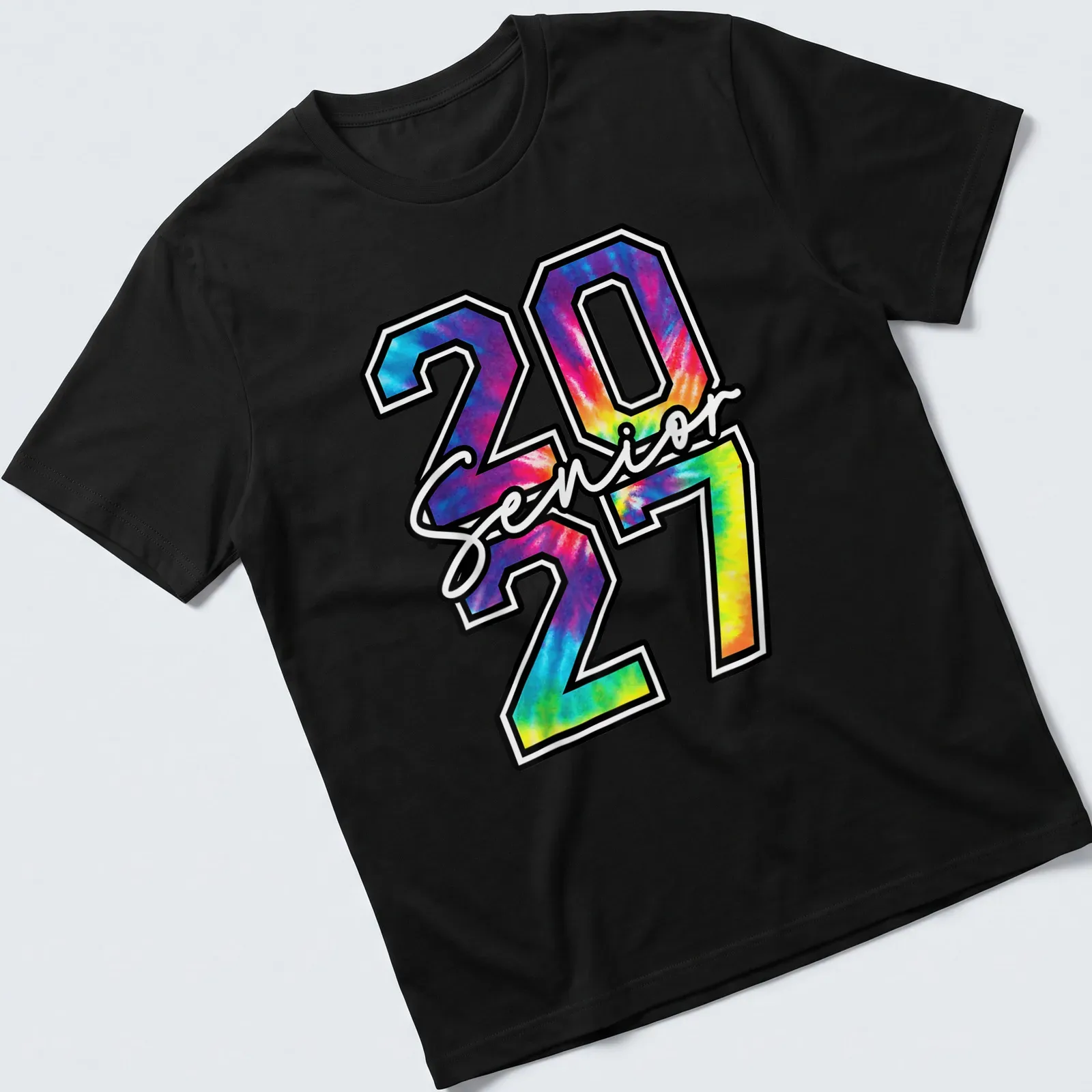 Colorful tie-dye t-shirt with 'Senior 2027' printed in bold letters — printed on a unisex t-shirt