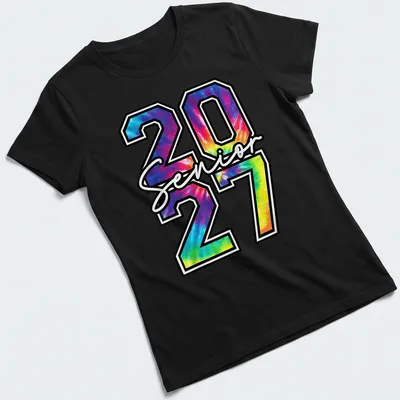 Colorful tie-dye t-shirt with 'Senior 2027' printed in bold letters — printed on a women's shirt