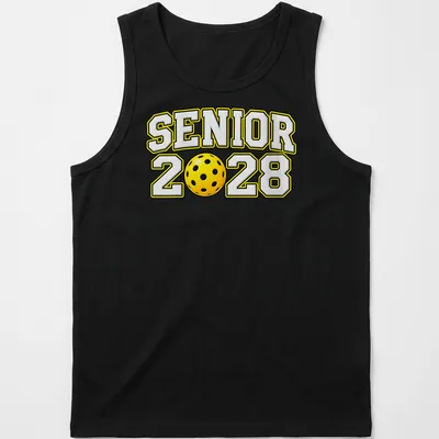 Bold text Senior 2028 with a pickleball graphic in yellow, black, and white — printed on a tank top