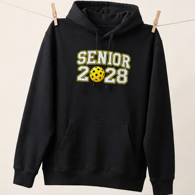 Bold text Senior 2028 with a pickleball graphic in yellow, black, and white — printed on a unisex hoodie