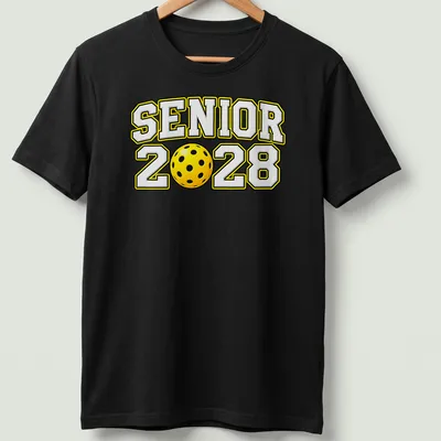 Bold text Senior 2028 with a pickleball graphic in yellow, black, and white