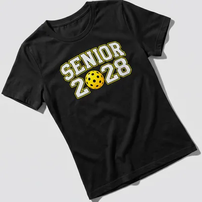 Bold text Senior 2028 with a pickleball graphic in yellow, black, and white — printed on a women's shirt
