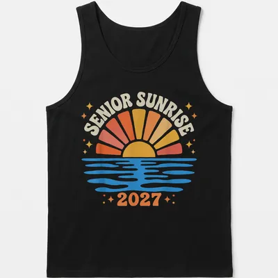Colorful retro design of a sunrise over water with Senior Sunrise 2027 text — printed on a tank top