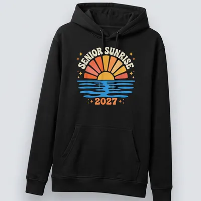 Colorful retro design of a sunrise over water with Senior Sunrise 2027 text — printed on a unisex hoodie
