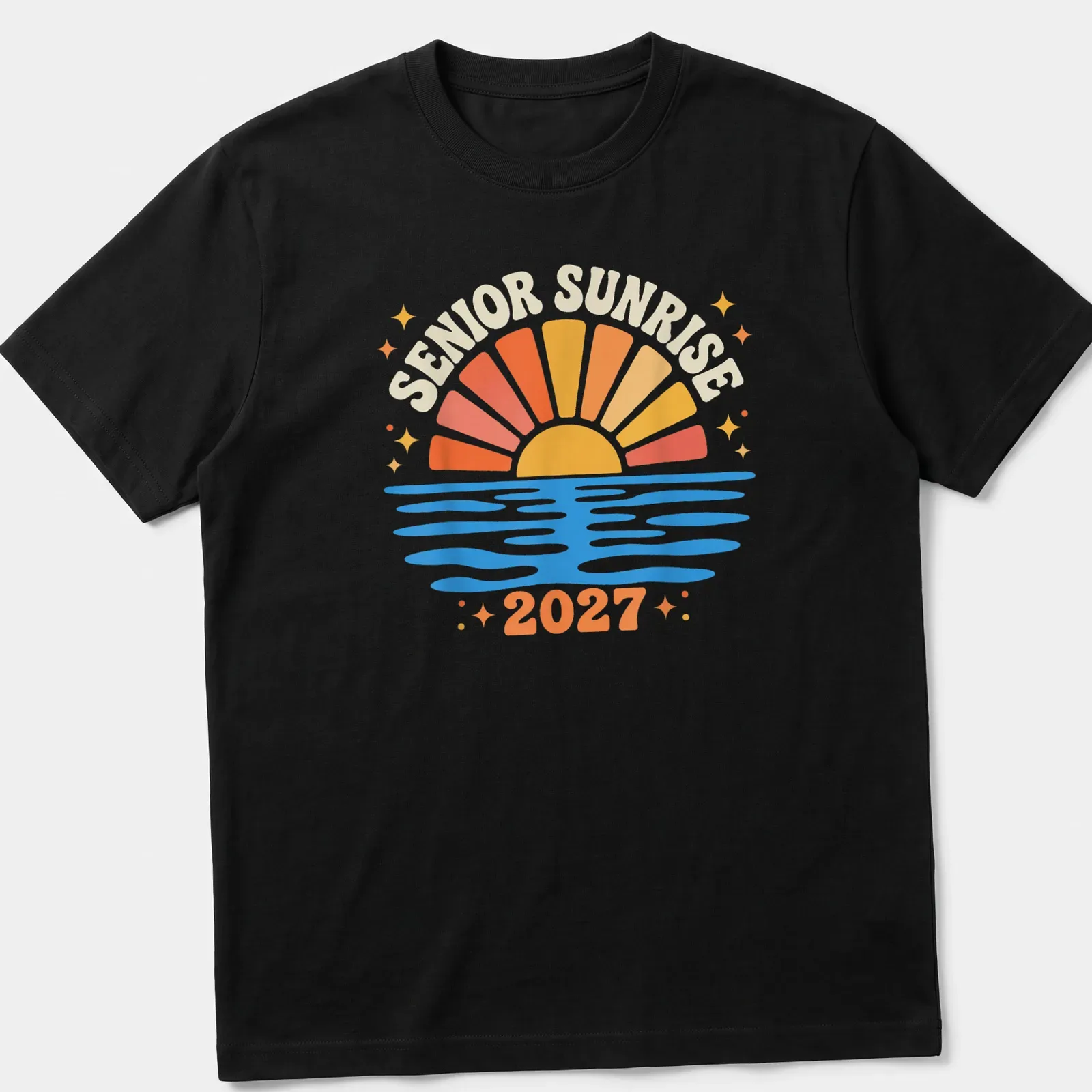 Colorful retro design of a sunrise over water with Senior Sunrise 2027 text — printed on a unisex t-shirt