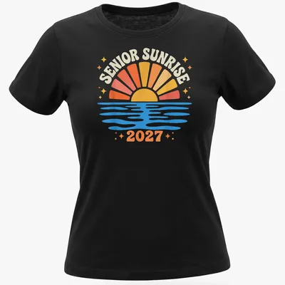 Colorful retro design of a sunrise over water with Senior Sunrise 2027 text — printed on a women's shirt