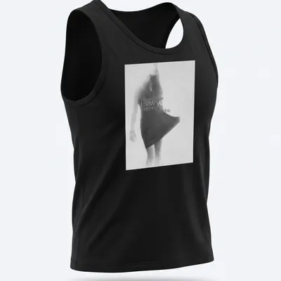 Soft focus monochrome T-shirt featuring a female figure in motion and expressive text — printed on a tank top