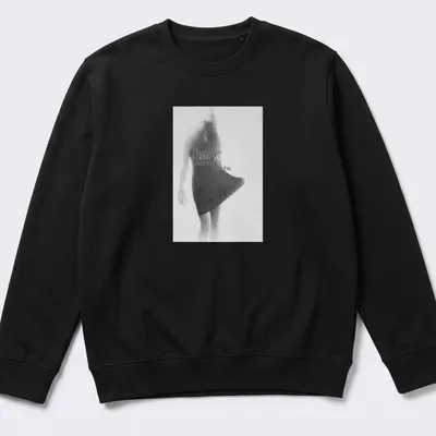 Soft focus monochrome T-shirt featuring a female figure in motion and expressive text — printed on a unisex sweatshirt