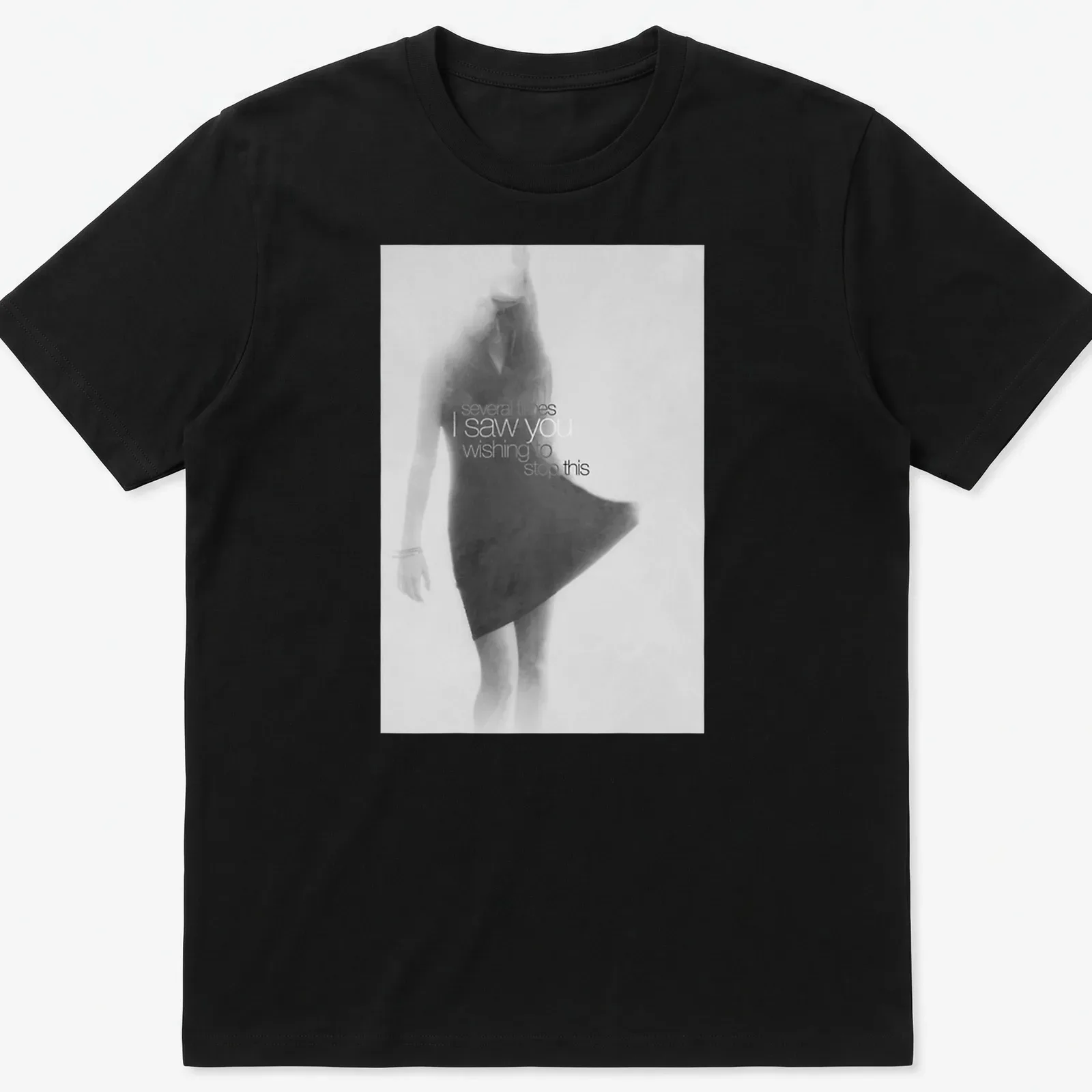 Soft focus monochrome T-shirt featuring a female figure in motion and expressive text — printed on a unisex t-shirt