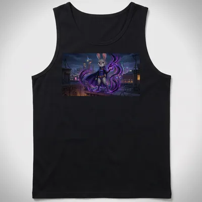 Comic style illustration of a playful bunny heroine in purple and black — printed on a tank top