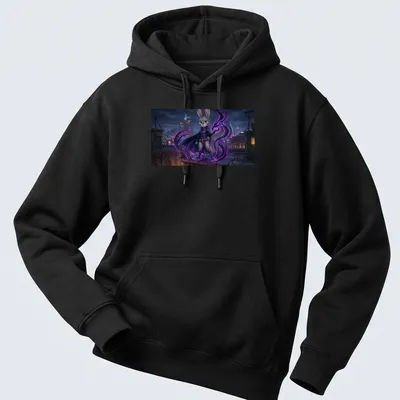 Comic style illustration of a playful bunny heroine in purple and black — printed on a unisex hoodie