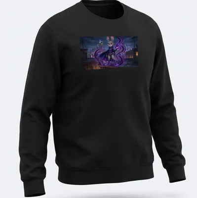 Comic style illustration of a playful bunny heroine in purple and black — printed on a unisex sweatshirt