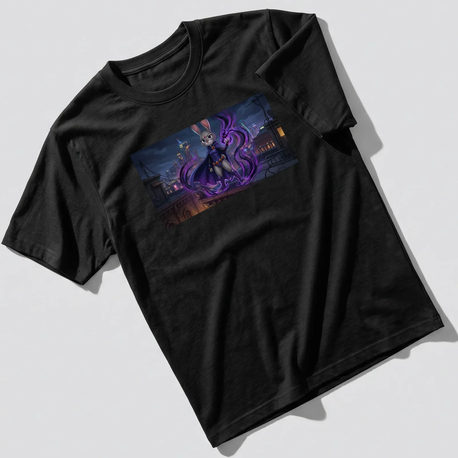 Comic style illustration of a playful bunny heroine in purple and black — printed on a unisex t-shirt
