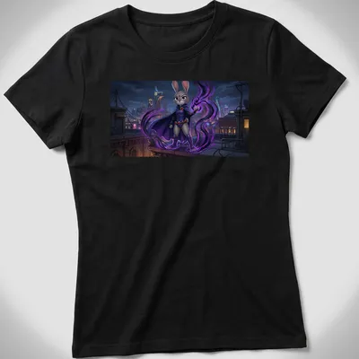 Comic style illustration of a playful bunny heroine in purple and black — printed on a women's shirt
