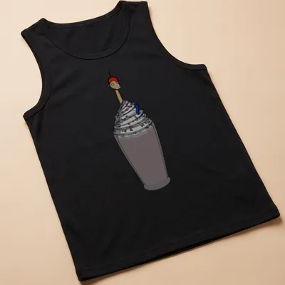 Cartoon graphic of a smiling milkshake character with colorful straw and fun text — printed on a tank top