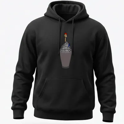Cartoon graphic of a smiling milkshake character with colorful straw and fun text — printed on a unisex hoodie