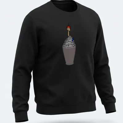 Cartoon graphic of a smiling milkshake character with colorful straw and fun text — printed on a unisex sweatshirt