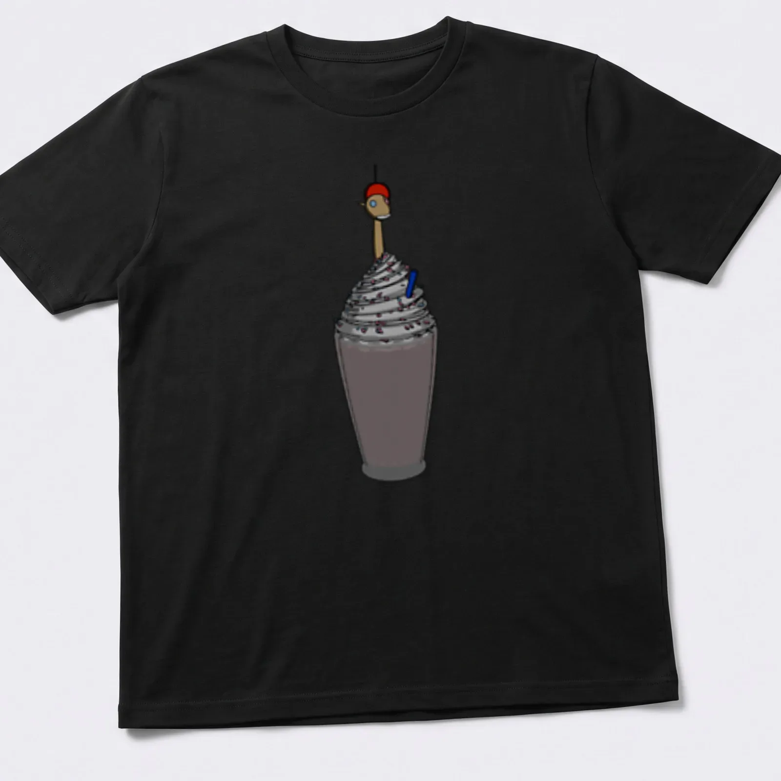 Cartoon graphic of a smiling milkshake character with colorful straw and fun text — printed on a unisex t-shirt