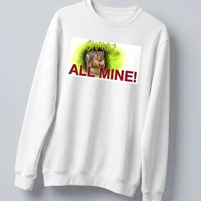 Funny T-shirt depicting a squirrel with the text 'SHARE? ALL MINE!' in grunge style — printed on a unisex sweatshirt