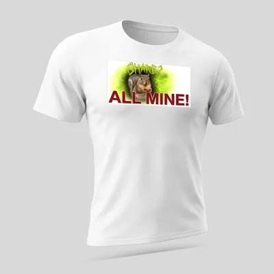 Funny T-shirt depicting a squirrel with the text 'SHARE? ALL MINE!' in grunge style — printed on a unisex t-shirt (angled view)