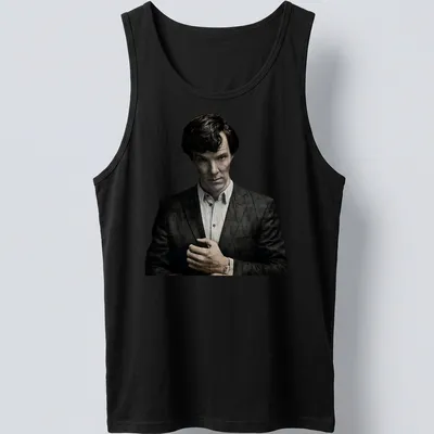 Realistic illustration of Sherlock Holmes in black, white, and gray — printed on a tank top
