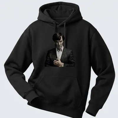 Realistic illustration of Sherlock Holmes in black, white, and gray — printed on a unisex hoodie