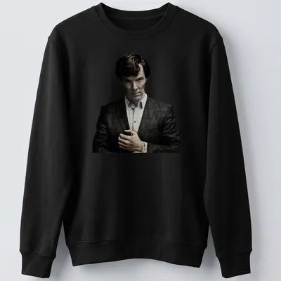 Realistic illustration of Sherlock Holmes in black, white, and gray — printed on a unisex sweatshirt