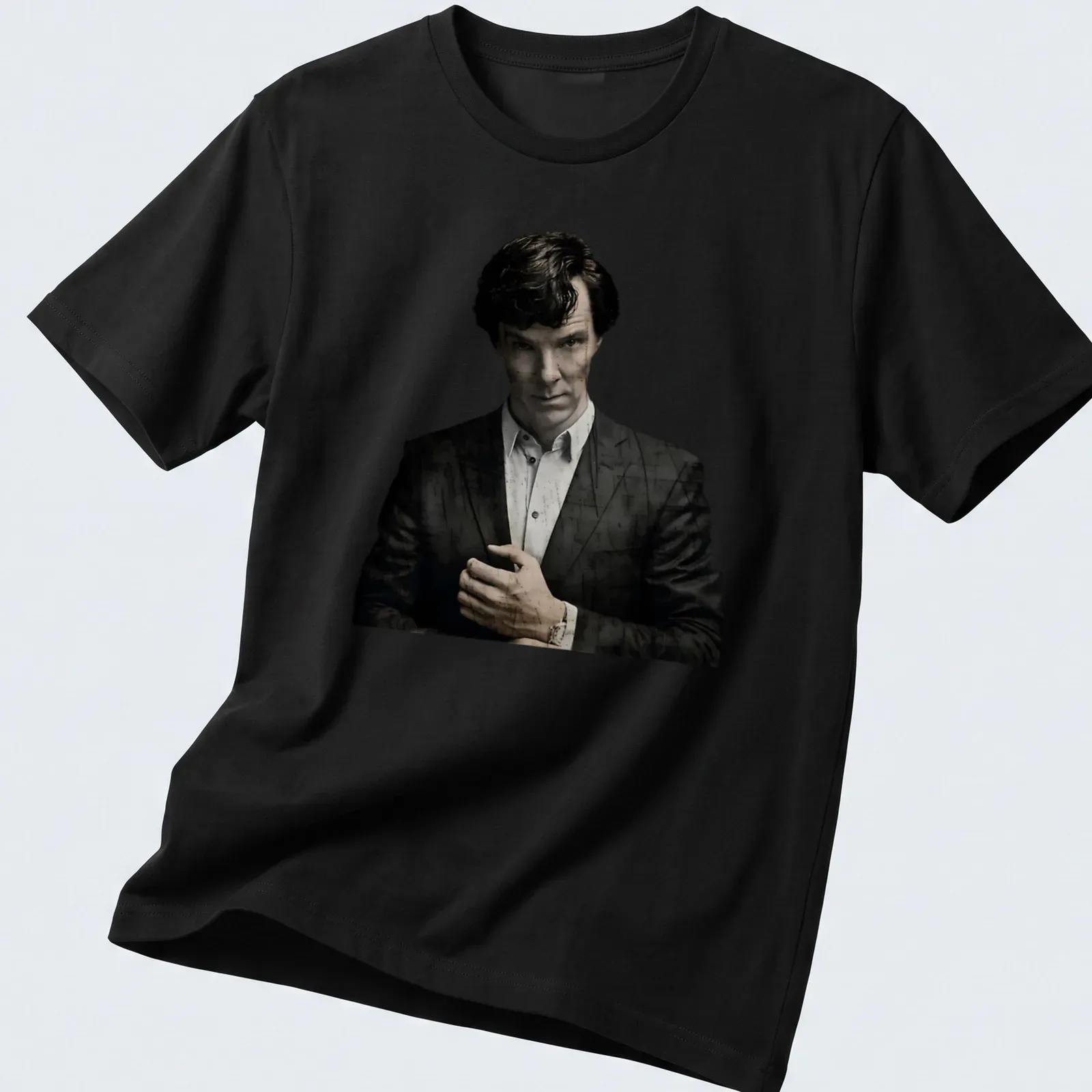 Realistic illustration of Sherlock Holmes in black, white, and gray — printed on a unisex t-shirt