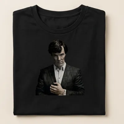 Realistic illustration of Sherlock Holmes in black, white, and gray — printed on a women's shirt