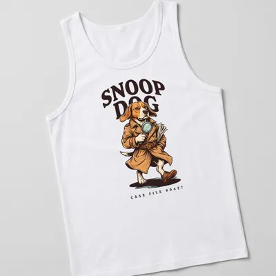 Cartoon detective beagle with text Snoop Dog Case File #0427 in brown and beige — printed on a tank top