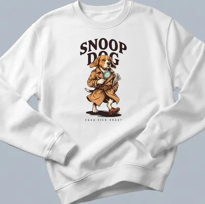 Cartoon detective beagle with text Snoop Dog Case File #0427 in brown and beige — printed on a unisex sweatshirt