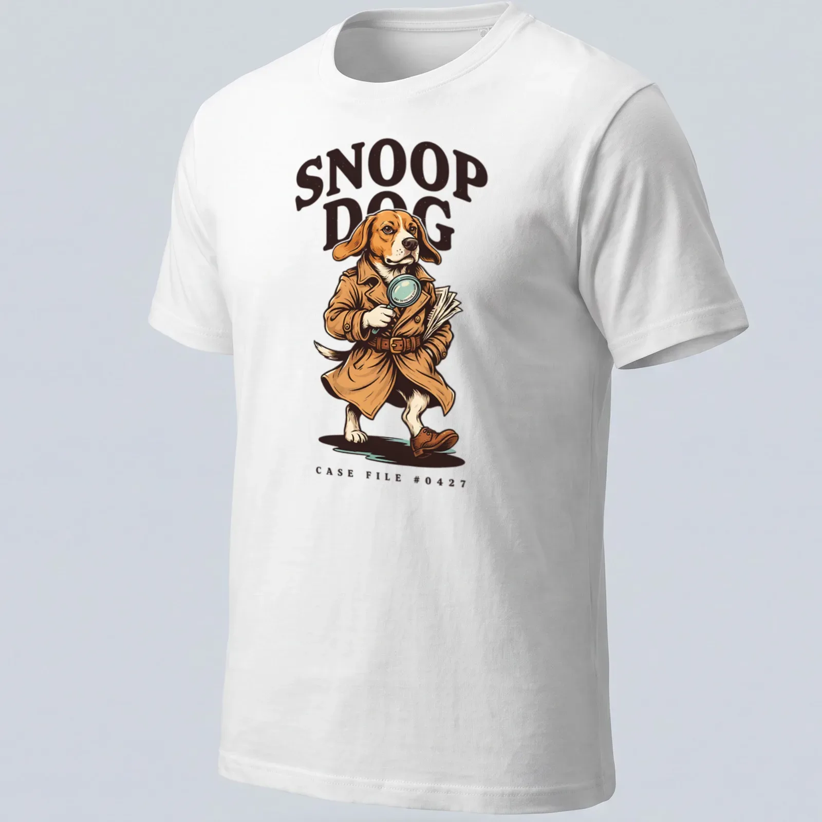 Cartoon detective beagle with text Snoop Dog Case File #0427 in brown and beige — printed on a unisex t-shirt