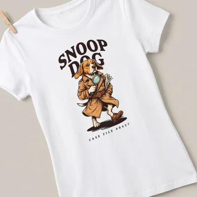 Cartoon detective beagle with text Snoop Dog Case File #0427 in brown and beige — printed on a women's shirt