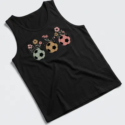 Retro floral design featuring soccer balls and wildflowers in various colors. — printed on a tank top