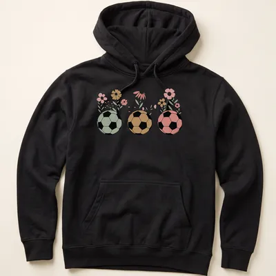 Retro floral design featuring soccer balls and wildflowers in various colors. — printed on a unisex hoodie