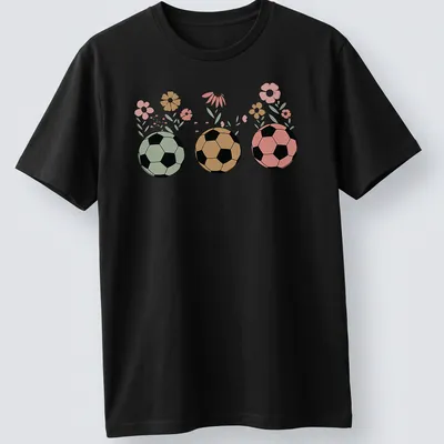 Retro floral design featuring soccer balls and wildflowers in various colors.