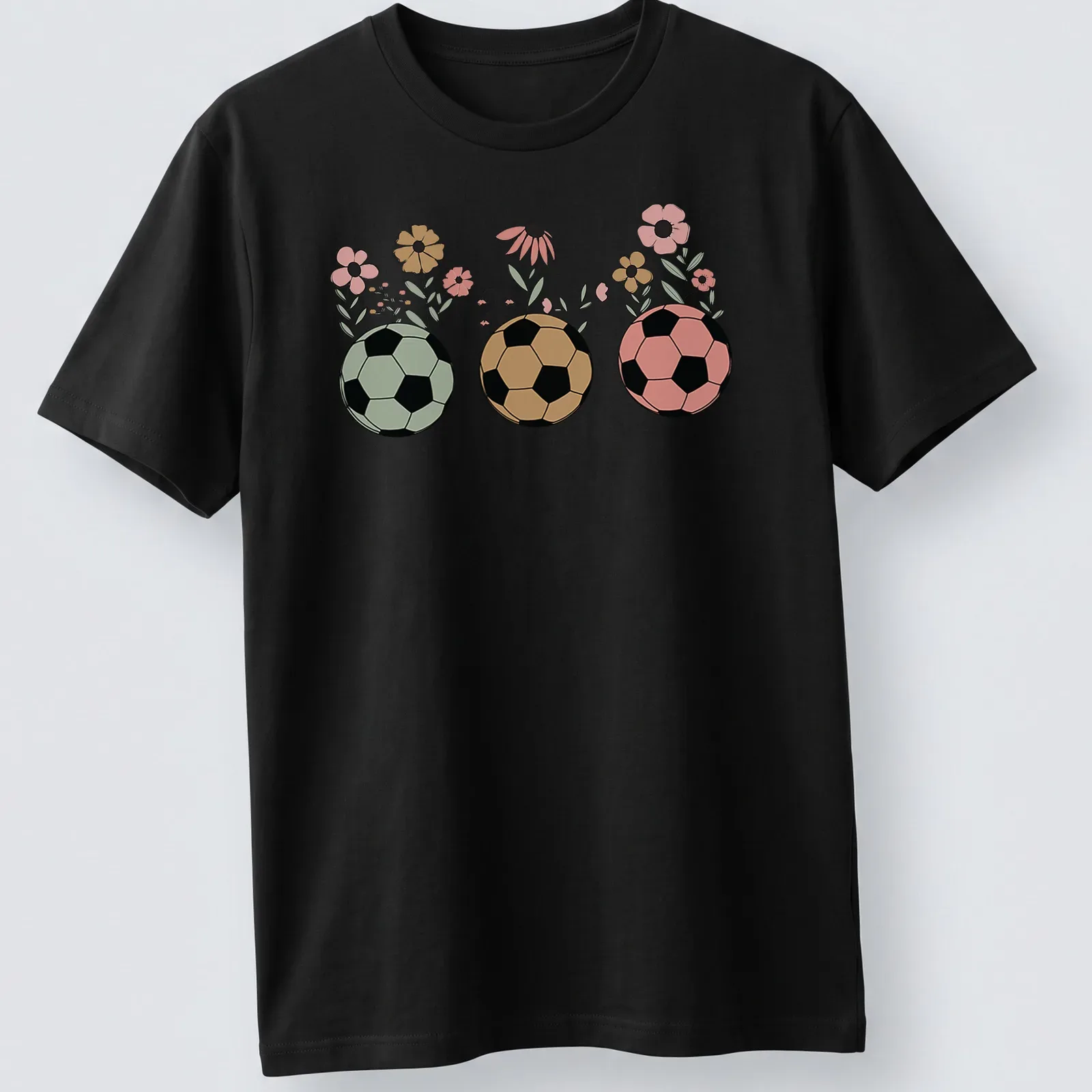 Retro floral design featuring soccer balls and wildflowers in various colors. — printed on a unisex t-shirt