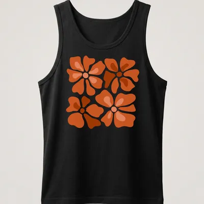 Abstract floral pattern T-shirt with modern design in orange and brown hues — printed on a tank top