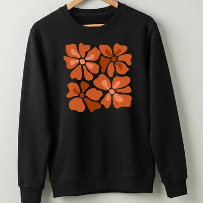 Abstract floral pattern T-shirt with modern design in orange and brown hues — printed on a unisex sweatshirt