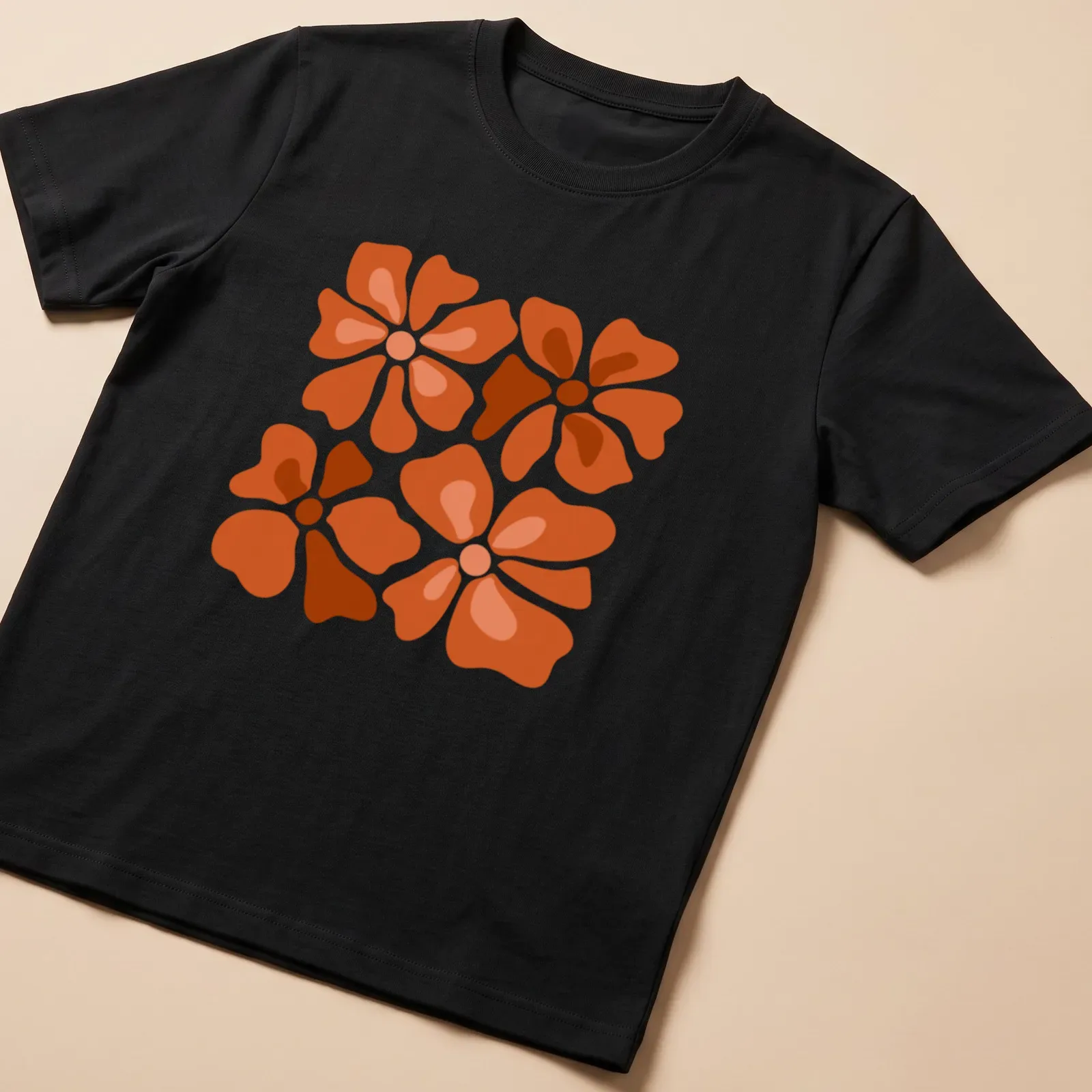 Abstract floral pattern T-shirt with modern design in orange and brown hues — printed on a unisex t-shirt
