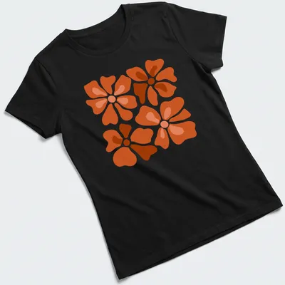 Abstract floral pattern T-shirt with modern design in orange and brown hues — printed on a women's shirt