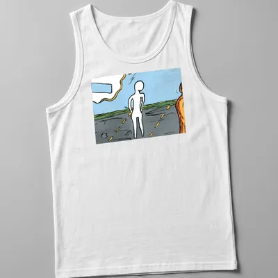 Colorful abstract illustration featuring the word 'Soon' with fluid shapes — printed on a tank top