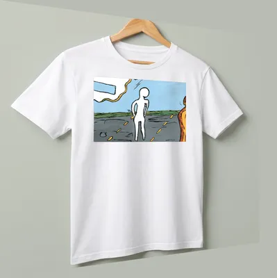 Colorful abstract illustration featuring the word 'Soon' with fluid shapes — printed on a unisex t-shirt (angled view)